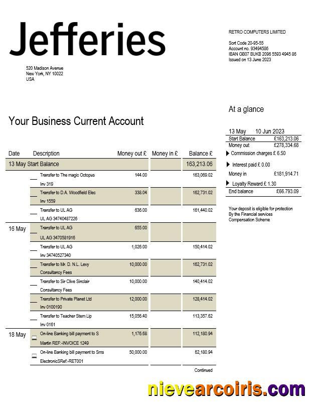 Jefferies Bank company checking account statement